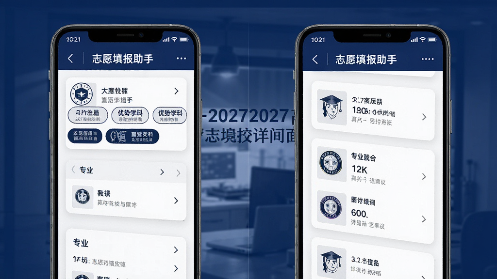 志愿填报助手一2027高考院校详情页面,手机屏幕展示大学简介与优势学科标签,下方为专业列表卡片,白色背景配深蓝文字,布局层次分明,风格稳重,画质清晰干净