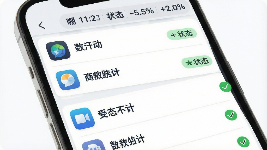 一张手机应用界面示意图,画面中展示列表式布局,每一行包含应用图标、应用名称和状态标签,部分行显示绿色对勾标识,界面顶部有状态汇总条,整体采用浅色背景配深色文字,风格简约商务,画质干净清晰