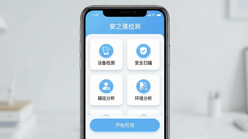 一张手机屏幕展示“安之道检测”软件首页的写实风格图片,主体为居中放置的智能手机,屏幕内呈现清爽的检测工具卡片布局,顶部有“安之道检测”文字标题,中部排列设备检测、安全扫描、环境分析等功能图标,底部为开始检测按钮;布局采用上下分层、左右留白的排版方式;风格为现代科技感UI界面,浅蓝与白色主色调;细节包括图标圆角、状态栏信号电量、卡片阴影层次;画质清晰锐利,画面干净,无多余元素