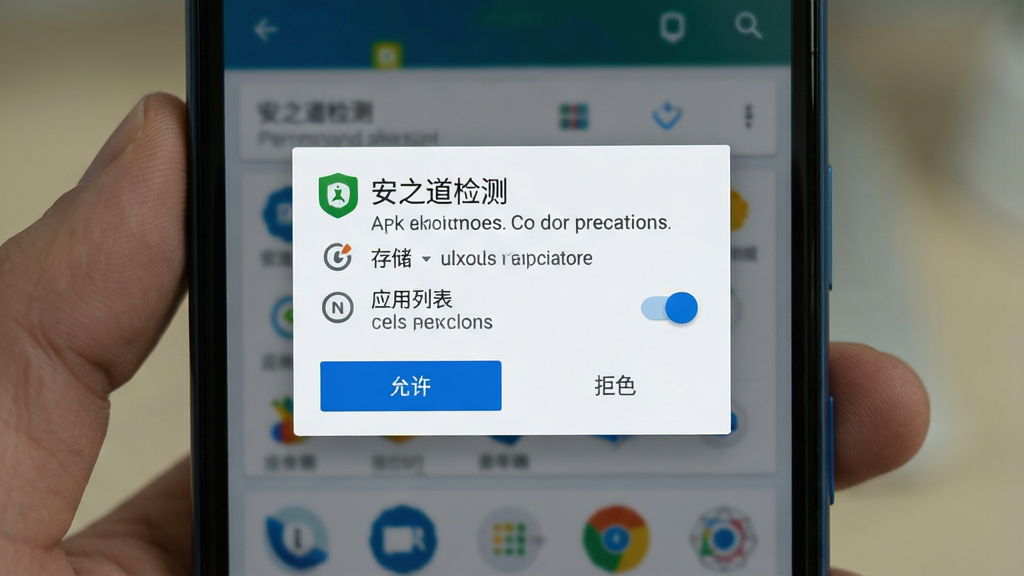 一张展示手机安装APK时权限授权界面的图片,主体为手机屏幕特写,屏幕内呈现“安之道检测”安装权限请求弹窗,包含存储、应用列表等权限开关;布局为居中弹窗、背景虚化;风格为安卓系统原生UI,白色弹窗配蓝色按钮;细节包括权限图标、允许与拒绝按钮、提示文字;画质清晰,画面干净,无多余元素