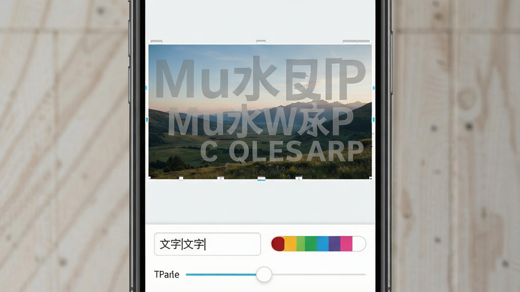 一张手机屏幕展示Mu水印软件主界面,画面中央是待编辑的风景照片,照片上叠加了半透明的文字水印,界面底部排列着文字输入框、颜色选择条与透明度滑块,整体布局清爽,浅色背景,扁平化UI风格,细节清晰,画质干净,无多余元素