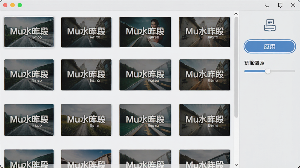 Mu水印软件批量处理界面展示,画面中排列着多张缩略图,每张图片上都统一叠加了相同样式的文字水印,界面右侧有批量应用按钮与进度提示,风格简洁现代,浅灰底色,图标线条干净,画质清晰,无杂乱装饰