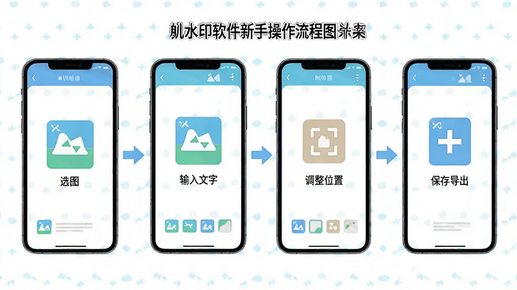 Mu水印软件新手操作流程图,画面以手机界面分步展示选图、输入文字、调整位置、保存导出四个环节,步骤之间用箭头连接,配色清新,图标简洁,布局规整,画质干净,无多余装饰元素