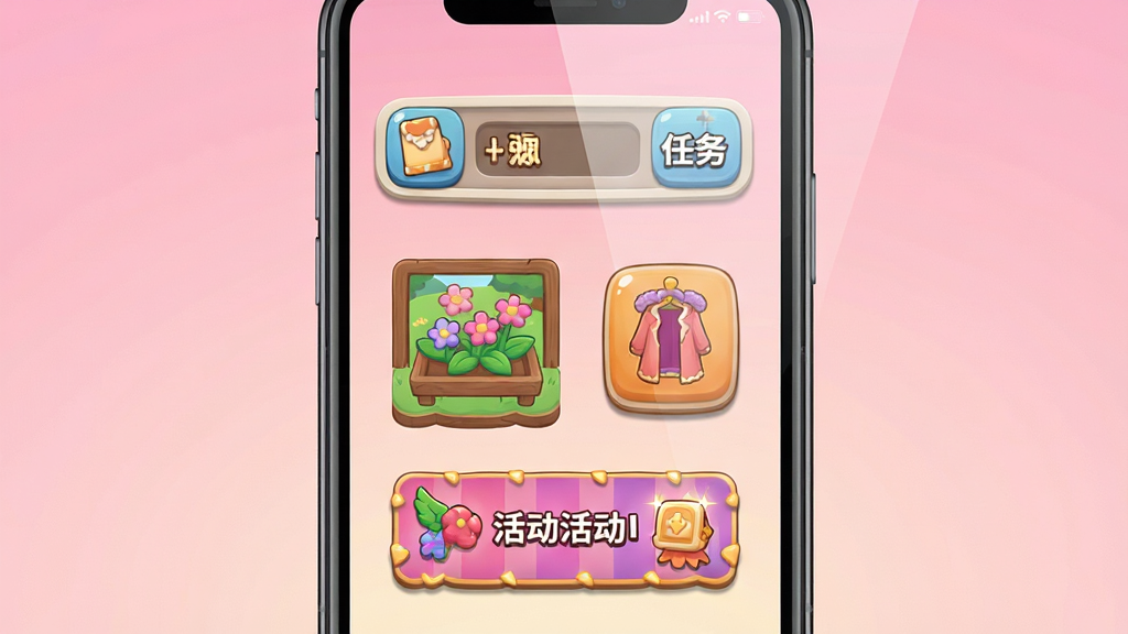 一张以拉贝尔公主新手引导为主题的手机界面示意图,画面主体是一部竖屏手机展示游戏主界面,界面中包含任务栏、花圃入口、衣柜按钮与活动横幅,布局采用手机正面居中展示,背景为柔和的粉色渐变,风格为扁平化游戏UI展示图,细节包括界面图标边缘的圆角处理、按钮的立体阴影、屏幕外侧有轻微反光效果,画质清晰干净,画面中不出现任何文字,无多余装饰元素
