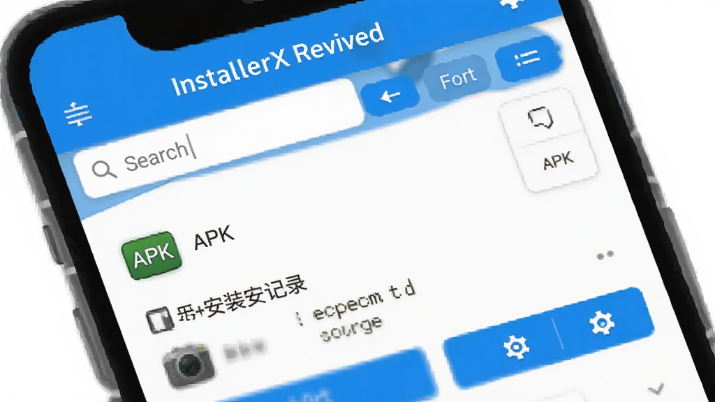 画面为手机应用界面特写,屏幕显示InstallerX Revived主页面,包含APK列表、最近安装记录与功能按钮,界面配色以白色和蓝色为主,布局整齐,风格为清爽UI展示插画,细节包括搜索框、排序标签、设置图标,画质清晰,干净,无多余元素
