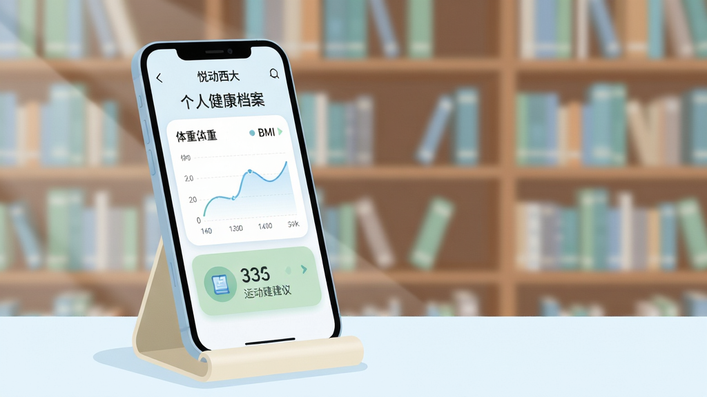 画面主体为手机屏幕展示“悦动西大”个人健康档案页面,包含体重曲线、BMI数值卡片和运动建议文字模块;手机立于浅色桌面支架上,背景为虚化的校园图书馆书架;整体风格为清爽的扁平化信息图插画,色调以白色、浅蓝和淡绿为主;细节上卡片圆角柔和、文字排版整齐、图标简洁;画质干净明亮,无多余元素,突出健康管理主题