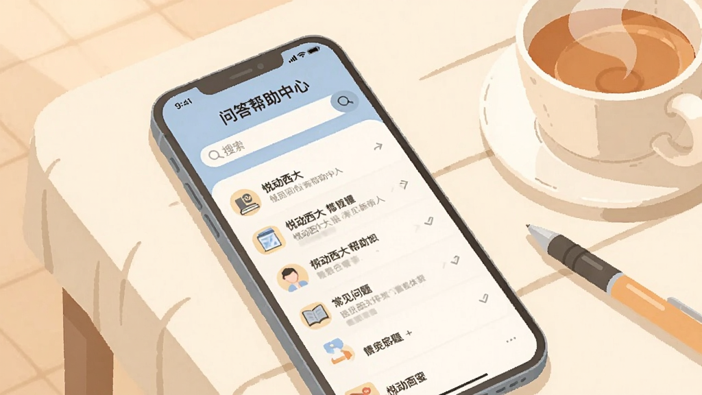 画面主体为手机屏幕展示“悦动西大”问答帮助中心页面,包含常见问题列表和搜索框;手机平放在浅色布艺桌面上,旁边有一杯热茶和一支笔;整体风格为温暖简约的扁平插画,色调以米白、浅蓝和淡橙为主;细节上列表条目清晰、图标小巧、界面层次分明;画质干净柔和,无杂乱元素,突出帮助与解答氛围