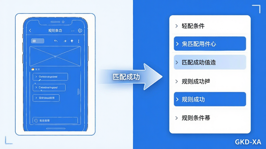 一张表现规则匹配逻辑的示意图,画面左侧是手机界面截图样式的矩形框,右侧是规则条件列表,中间用箭头连接,箭头旁标注“匹配成功”字样,整体采用蓝白配色,布局为左右对照式,风格简洁明快,细节包括界面元素的线框化处理、条件列表的条目高亮、箭头的光效过渡,画质干净清晰,图片角落标注“GKD-XA”