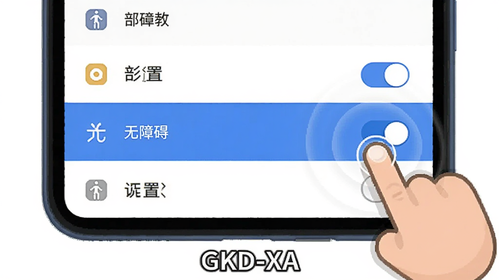 一张展示手机无障碍设置界面的示意图,画面为竖屏手机设置页面,列表中高亮显示“无障碍”选项,旁边有手指点击的动画标识,整体布局为居中展示,风格为扁平化界面插画,细节包括设置条目的图标、开关按钮的高亮状态、手指的点击波纹,画质清晰干净,图片下方标注“GKD-XA”