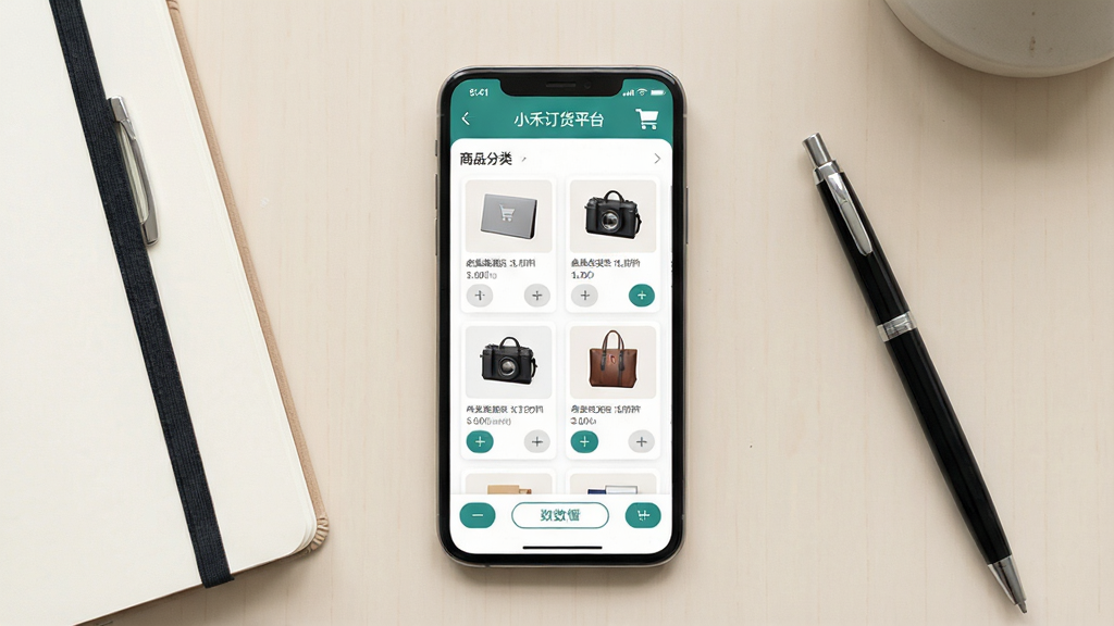 一张手机屏幕展示订货类应用主界面的写实场景图,画面中央是一部竖放的智能手机,屏幕上显示商品分类列表与购物车图标,背景是简洁的浅色办公桌面,旁边放着笔记本和一支笔,整体布局居中对称,风格清新商务,细节包含商品缩略图卡片与数量加减按钮,画质清晰干净,无多余元素,画面中可带文字