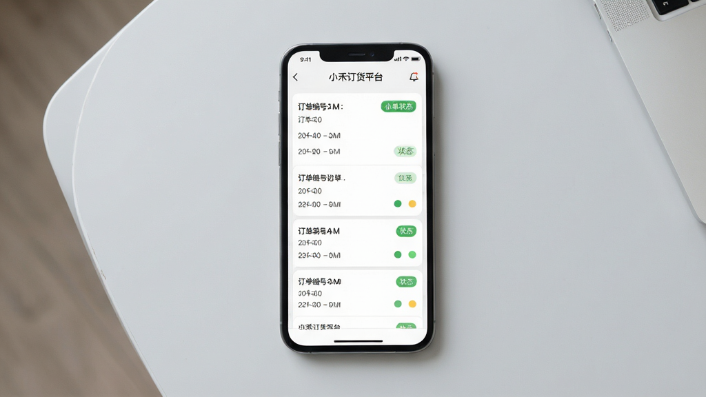 一张订单状态跟踪界面的写实图,画面中央是手机屏幕显示订单列表与状态标签,背景为浅灰色桌面,布局上下排列,风格清爽简约,细节包含订单编号、时间与状态圆点标识,画质清晰干净,无多余元素,画面中可带文字