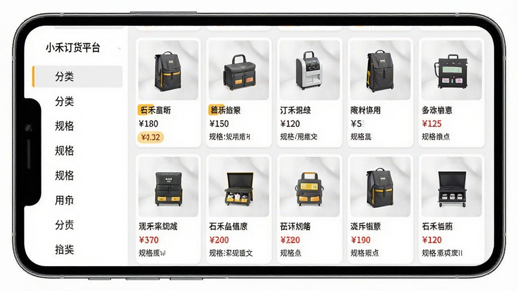 一张商品目录浏览界面的示意图,画面主体是手机屏幕上的网格状商品卡片,每张卡片包含商品图片与名称,左侧有分类导航栏,布局为左右分栏,风格简洁现代,细节包含价格标签与规格文字,画质干净清晰,无多余装饰,画面中可带文字