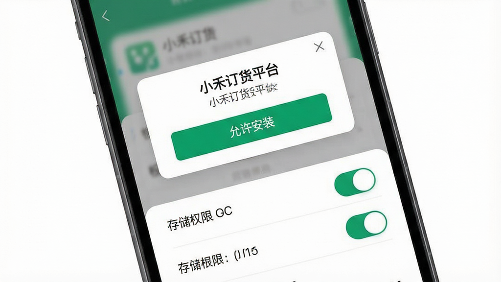 一张手机应用安装与权限设置界面的示意图,画面主体为手机屏幕上的安装确认弹窗与权限开关列表,布局为上下结构,风格简洁清爽,细节包含