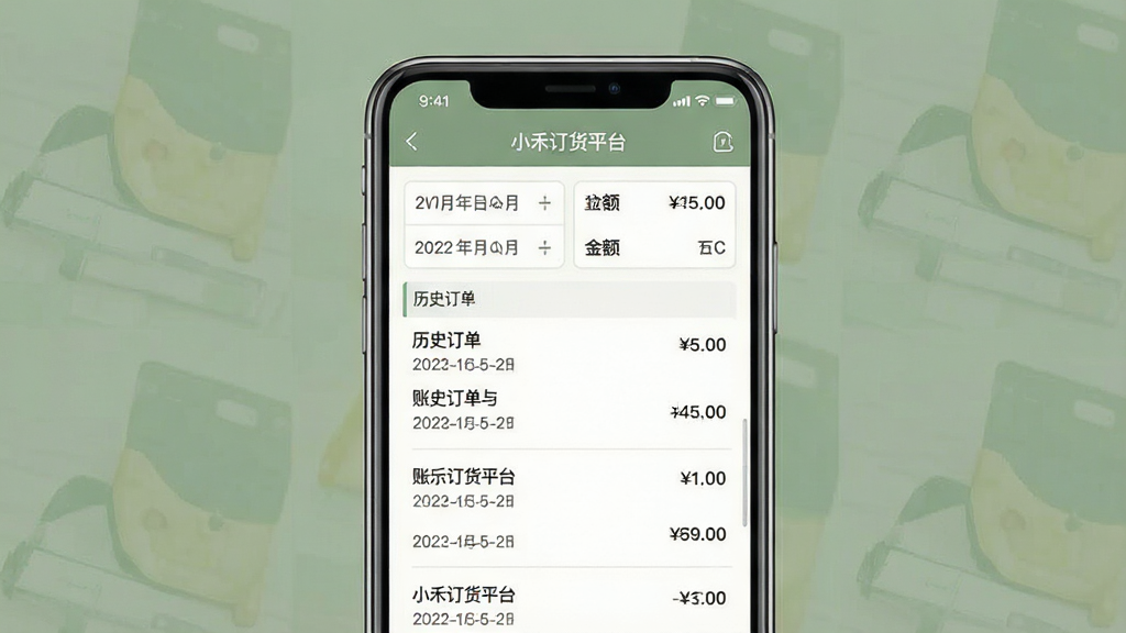 一张账目查询功能示意图,画面主体为手机屏幕上的历史订单列表与筛选条件栏,布局为上下结构,风格素雅极简,细节包含日期选择器与金额数字,画质清晰干净,无多余元素,画面中可带文字