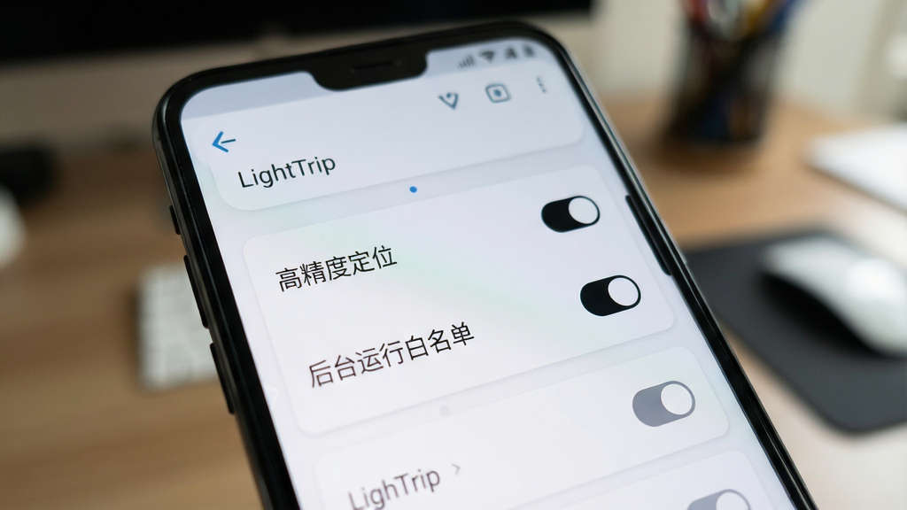 画面主体为一部安卓手机屏幕特写,屏幕显示LightTrip的轨迹记录设置界面,包含“高精度定位”“后台运行白名单”等选项开关,界面以浅色卡片式布局呈现;手机边缘微微虚化,背景为模糊的室内书桌环境;布局为手机屏幕占据画面主要面积,焦点集中在设置选项区域;风格为数码产品功能展示图;细节强调UI元素的清晰度与开关状态的明暗对比;画质锐利,画面干净,无多余元素。