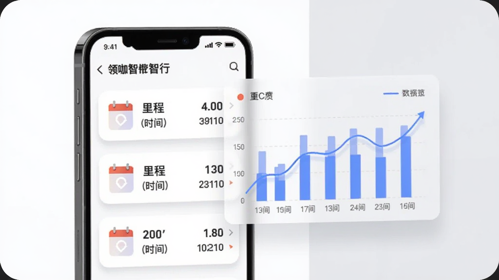 画面展示一部手机屏幕内呈现“领咖智行”的出行记录列表页面,列表项以卡片形式排列,每张卡片左侧为日历图标,右侧为里程与时间数字,手机旁边悬浮一个半透明的数据统计图表,图表包含柱状图与折线图元素,布局为左右分栏构图,风格为简约商务插画,细节上卡片带有轻微投影,背景为白色与浅灰色拼接,画质清晰干净,无多余元素