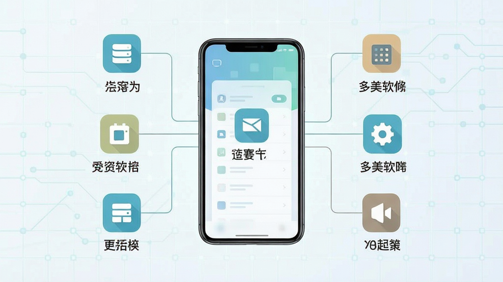 画面主体为多资多美软件的功能模块示意图,以手机屏幕为中心,四周环绕多个功能图标并用细线连接,图标下方标注简短功能名称;背景为浅色科技感网格,风格为扁平化信息图风,配色清爽,细节清晰,画质干净,无多余文字堆砌