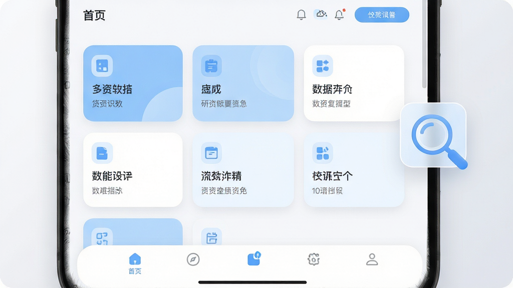 画面主体为多资多美软件界面特写,展示首页功能卡片与底部导航栏的布局关系,卡片采用圆角设计,配色以浅蓝和白色为主;背景为干净的浅灰渐变,画面右侧悬浮一个放大镜图标示意操作引导;风格为UI界面展示风,细节清晰,画质干净,无多余元素