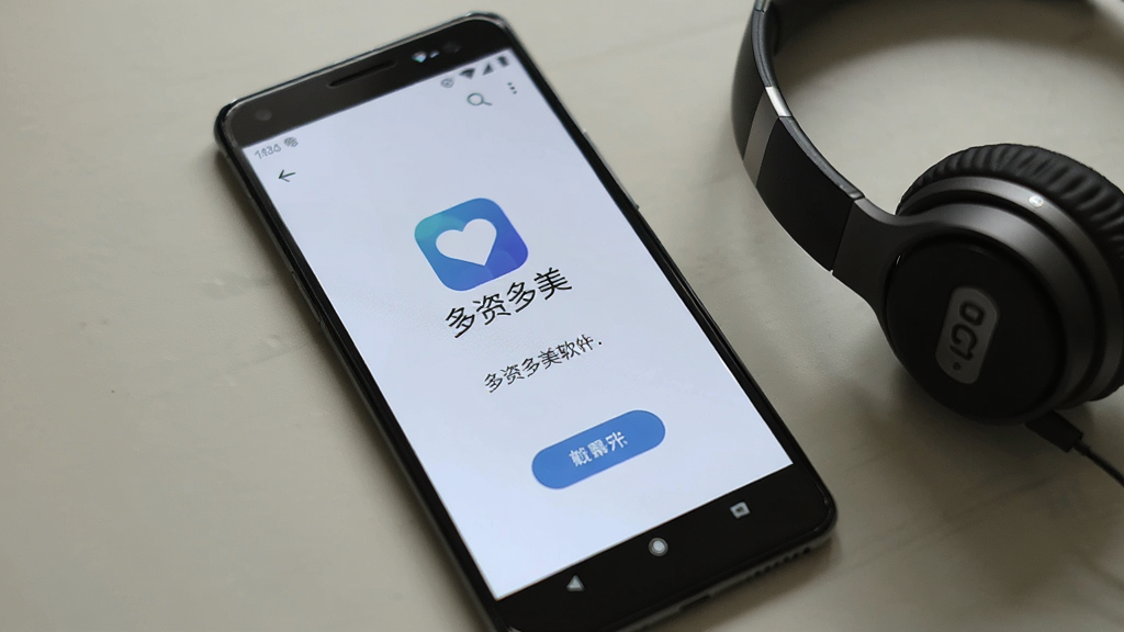 画面主体为多资多美软件在安卓手机上的启动引导页面,页面中央显示软件图标与名称“多资多美”,下方为简洁的引导文字与按钮;手机平放于浅色桌面,旁边放置一副耳机;风格为数码产品实拍风,光线自然,细节清晰,画质干净,无多余装饰