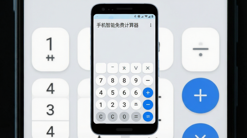 主体为一部安卓手机正面竖屏展示计算器应用界面,布局居中,上方是浅色状态栏,中间为数字键盘与运算符号区,底部为功能按钮,排版简洁对称,风格为扁平化现代UI设计,细节包含圆角按键、浅灰背景、白色数字卡片、蓝色运算键,画质清晰干净,无多余元素,画面中显示软件名称“手机智能免费计算器”字样