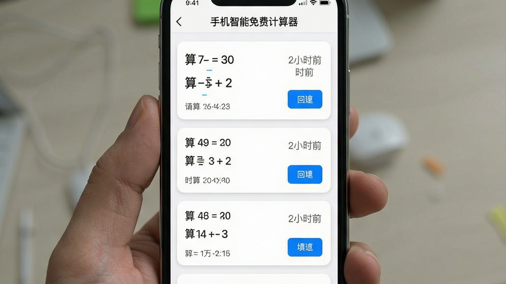 主体为手机界面展示历史记录列表页面,布局为纵向列表排列,排版清晰,风格为简约卡片式设计,细节包含每条记录显示算式与结果、时间戳、回填按钮,画质干净无杂乱元素,界面顶部显示“手机智能免费计算器”标题