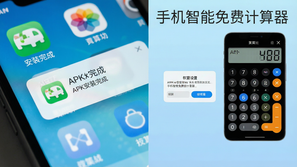 主体为手机屏幕展示安装完成后的应用图标与打开界面,布局为桌面图标特写加右侧计算界面缩略图,排版左右分栏,风格为科技感浅蓝渐变,细节包含APK安装完成提示、权限设置弹窗、计算器主界面预览,画质清晰干净,画面文字标注“手机智能免费计算器”