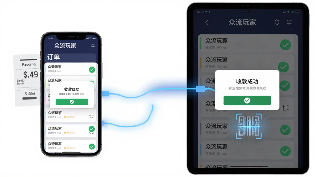 画面主体是一部手机与一台平板并排摆放,两块屏幕同时显示“众流玩家”的订单列表与收款成功弹窗,中间用一条发光的连接线表示数据同步;布局为左右并列、中间留白的对比式构图;排版上标题区域留出空白;风格为扁平化商业插画,细节包含收银小票、扫码光效、绿色对勾标识;画质清晰,画面干净,无多余元素