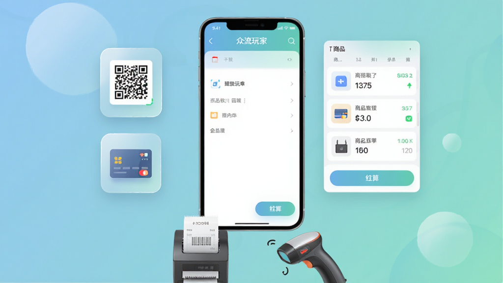 画面主体是一部竖屏智能手机,屏幕上显示“众流玩家”收银开单界面,左侧悬浮着收款码与会员卡图标,右侧是商品列表与结算按钮;布局为居中对称的产品展示构图,手机下方放置一台小型热敏打印机与扫码枪;排版干净留白充足,风格为清爽的科技商务插画风,细节包括柔和的蓝绿色渐变背景、轻微的投影与磨砂质感图标;画质高清,画面干净,无多余元素