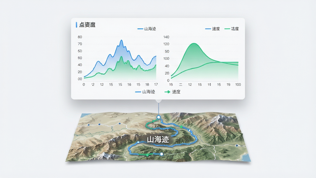 画面中央为一块悬浮的数据面板,面板上绘制海拔曲线与速度曲线,曲线用蓝绿双色区分,面板下方连接一条蜿蜒的山地轨迹地图,地图上标注“山海迹”字样,布局为上下结构,风格为数据可视化简约风,细节包括坐标刻度、图例标签与柔和阴影,画质清晰,画面干净,无多余元素