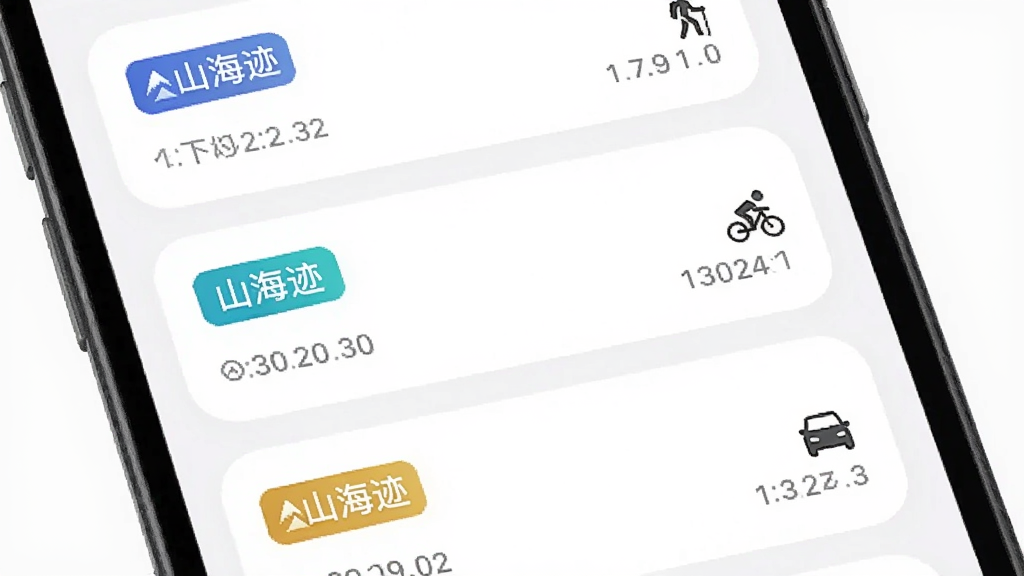 画面展示一个手机应用列表界面,界面中排列多条轨迹记录卡片,卡片带有不同颜色标签与“山海迹”应用名称,卡片旁配有徒步、自行车、汽车的小图标,布局为纵向列表排版,风格为清新浅色UI展示图,细节包括圆角卡片、分类色块与时间戳文字,画质清晰,画面干净,无多余元素