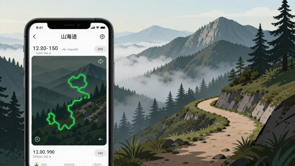 画面主体为一座层叠山峦与蜿蜒小路的户外场景,画面左侧放置一部手机,手机屏幕显示“山海迹”离线记录界面与绿色轨迹线,布局为左中右三分构图,风格为自然户外写实插画,细节包括山间薄雾、树木剪影与手机界面上的海拔数字,画质细腻,画面干净,无多余元素