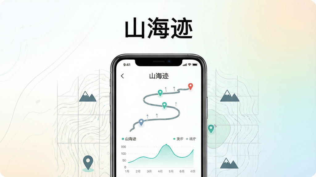 画面中央放置一部智能手机,手机屏幕上显示“山海迹”应用界面,界面中有蜿蜒的山路轨迹线条与海拔曲线图表,手机周围环绕浅色等高线地图纹理与简约山峰图标,布局采用居中构图,上方留白放置应用名称文字“山海迹”,整体风格为清爽扁平化科技插画,细节包括细线地图网格、定位标记点与柔和渐变背景,画质清晰,画面干净,无多余元素