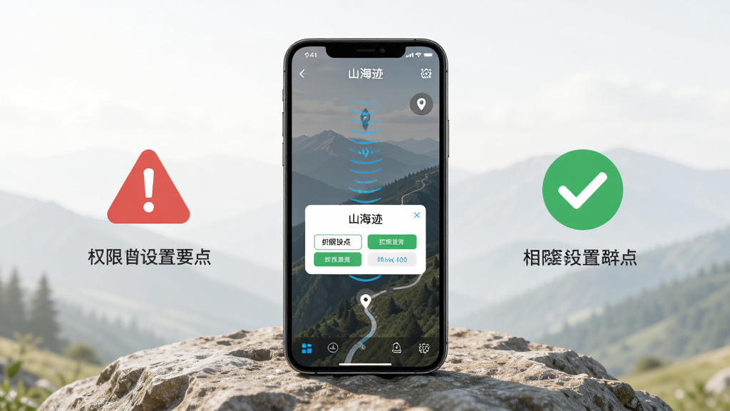 画面展示一部手机放置在户外岩石上,手机屏幕显示“山海迹”轨迹记录界面,屏幕旁有一个红色警示图标与绿色对勾图标分别代表权限设置要点,背景为浅色山野场景,布局为手机居中、图标分列两侧,风格为实用教程插图,细节包括定位信号波纹、权限弹窗示意与柔和自然光,画质清晰,画面干净,无多余元素