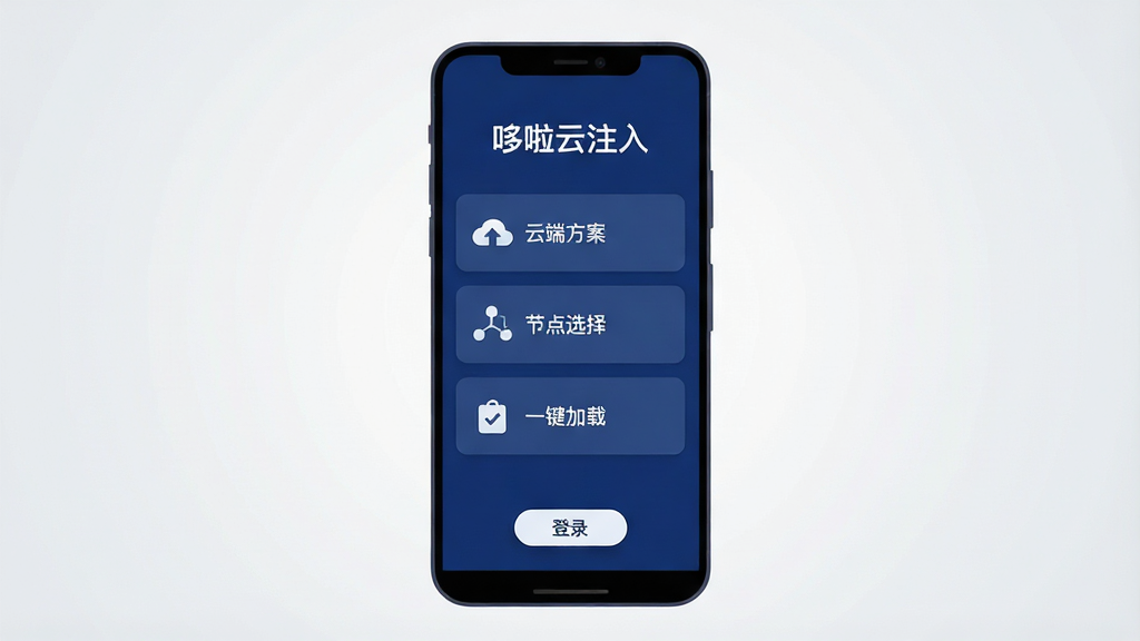 一张展示哆啦云注入软件主界面的手机截图风格插画,画面中央是一部竖屏安卓手机,屏幕内显示深蓝色调的云端注入工具首页,顶部有“哆啦云注入”白色标题文字,中部排列三个功能卡片分别标注“云端方案”“节点选择”“一键加载”,底部有悬浮登录按钮,背景为干净的浅灰渐变,整体风格清爽科技感,画质清晰,干净无多余元素