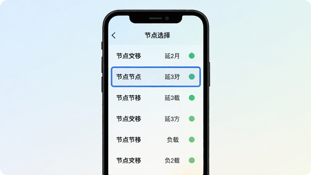 一张展示哆啦云注入节点选择界面的手机界面插画,竖屏手机屏幕内显示节点列表,每行包含节点名称、延迟数值和负载状态小圆点,顶部有“节点选择”标题,其中一行被高亮选中显示蓝色边框,背景为浅色渐变,风格清爽简洁,画质清晰,干净无多余元素