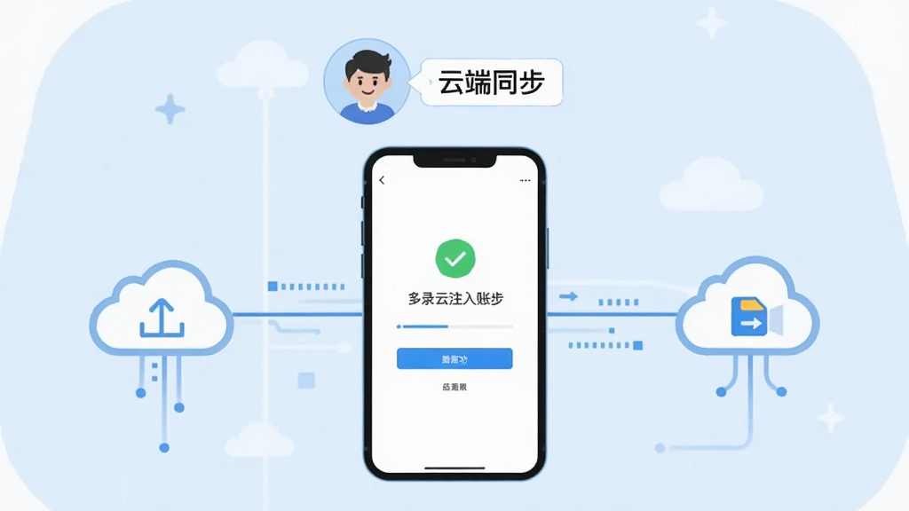 一张表现哆啦云注入账号云端同步功能的插画,画面中央是一部手机显示登录成功界面,手机上方漂浮着用户头像图标和“云端同步”文字标签,两侧有数据流线条连接到一个云朵存储图标,背景为干净的浅蓝色,风格现代简约,画质清晰,干净无多余元素