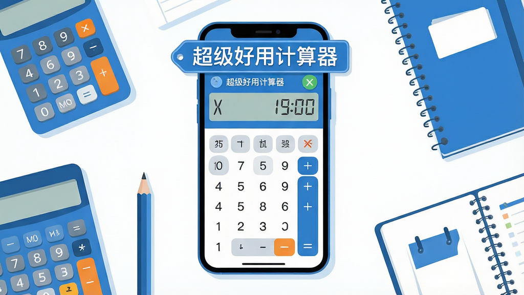 画面中央摆放一台智能手机,手机屏幕上显示简洁的“超级好用计算器”界面,数字键盘与计算结果清晰可见,手机周围散布计算器、铅笔、笔记本等学习办公元素,整体采用扁平化插画风格,色调以蓝白为主,构图干净整洁,画面明亮清晰,文字“超级好用计算器”以标签形式出现在手机屏幕上方,高分辨率,细节精致,无多余装饰元素