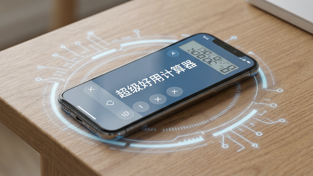 一部手机平放在木质桌面上,屏幕显示“超级好用计算器”主界面,界面简洁清爽,周围有淡淡的科技感光晕,画面风格简约现代,主体突出,构图居中,色彩以蓝灰与白色搭配,文字“超级好用计算器”清晰可辨,高画质,干净利落,无多余元素