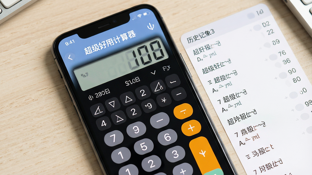 手机屏幕展示“超级好用计算器”的科学计算模式界面,屏幕上排列着三角函数与对数按键,旁边显示历史记录列表,背景为浅色桌面,画面采用清爽的UI设计风格,配色柔和,布局规整,文字“超级好用计算器”出现在屏幕顶部,画质清晰,干净无杂乱元素