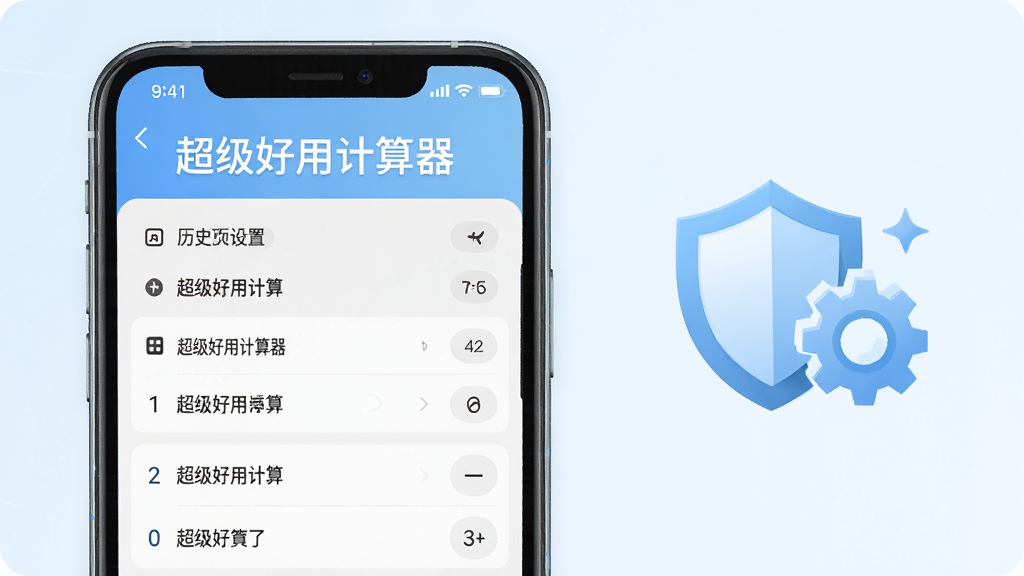 一部手机屏幕显示“超级好用计算器”的历史记录与设置界面,画面旁边配有盾牌与齿轮图标象征安全与设置,整体风格简洁明快,色调以浅蓝与白色为主,构图平衡,文字“超级好用计算器”显示在屏幕上方,画质细腻,干净整洁