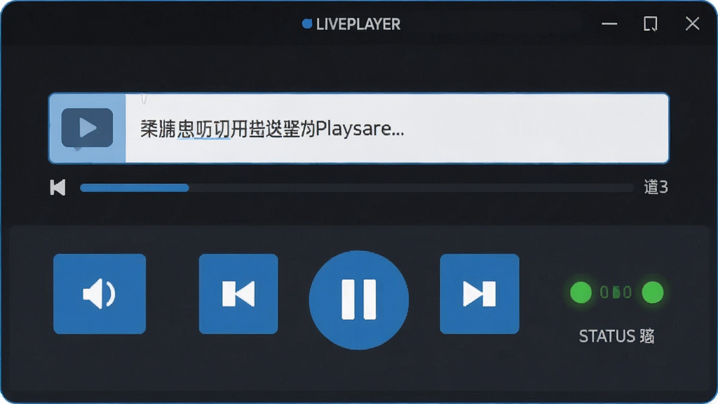LivePlayer软件主界面展示,居中布局,上方为简洁的播放地址输入框,下方为播放控制按钮与状态指示灯,整体采用深色背景搭配蓝色点缀,扁平化设计风格,细节包含清晰的图标与文字标签,画质高清,界面干净,无多余装饰元素