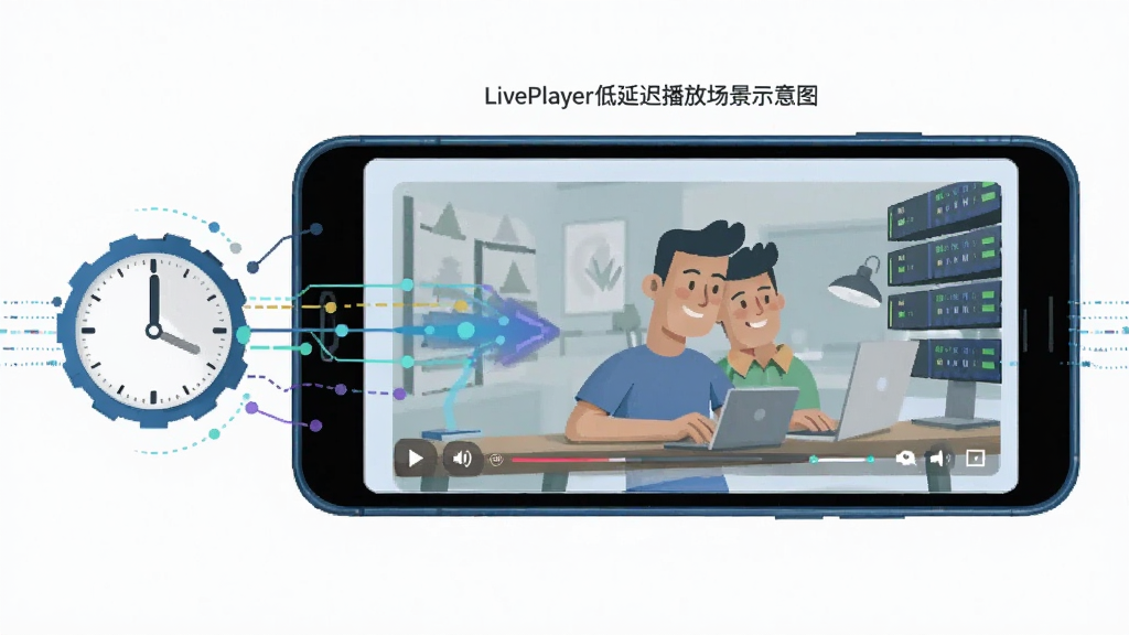 LivePlayer低延迟播放场景示意图,画面主体为手机屏幕内正在播放的实时画面,屏幕旁配有表示时间同步的时钟图标与数据流线条,布局左右对照,风格科技感扁平插画,细节突出实时传输与时间同步概念,画质清晰,背景干净