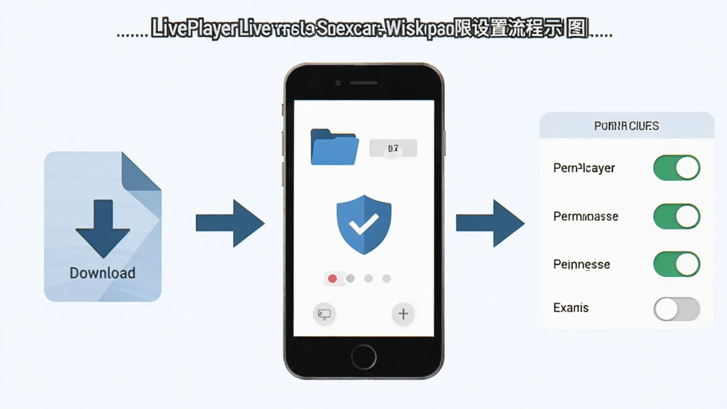 LivePlayer安装与权限设置流程示意图,画面以手机屏幕为中心,左侧展示下载文件图标,右侧展示权限开关面板,中间用箭头连接,布局横向流程式,风格扁平信息图,细节包含文件夹、盾牌、开关等图标,画质清晰,背景为浅色干净底