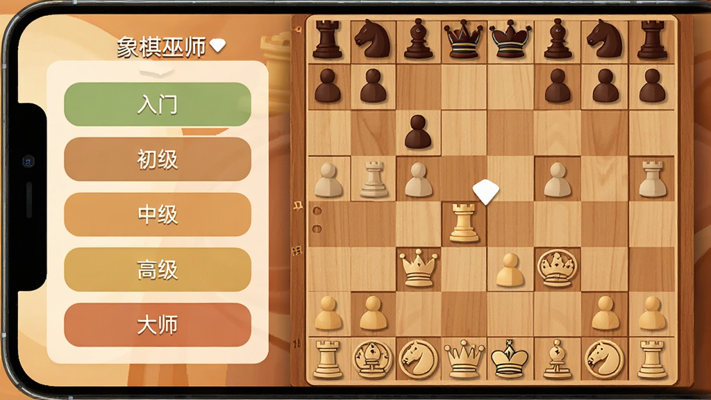 手机界面中展示象棋巫师的对局画面,屏幕一侧弹出难度选择面板,面板上排列“入门”“初级”“中级”“高级”“大师”等选项,背景为木质棋盘与整齐摆放的棋子,扁平化UI风格,色调温暖,画质干净清晰,图片中打文字“象棋巫师”