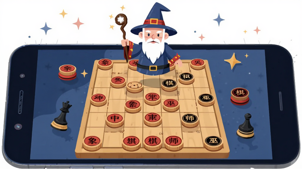 画面中央摆放一部安卓手机,手机屏幕上显示中国象棋棋盘与红黑棋子,棋盘上方悬浮一位戴尖顶帽、手持魔法杖的卡通巫师形象,周围点缀少量棋子与星光,整体采用扁平插画风格,色调以木色、红色与深蓝为主,细节清晰,画质干净,无多余元素,图片中打文字“象棋巫师”