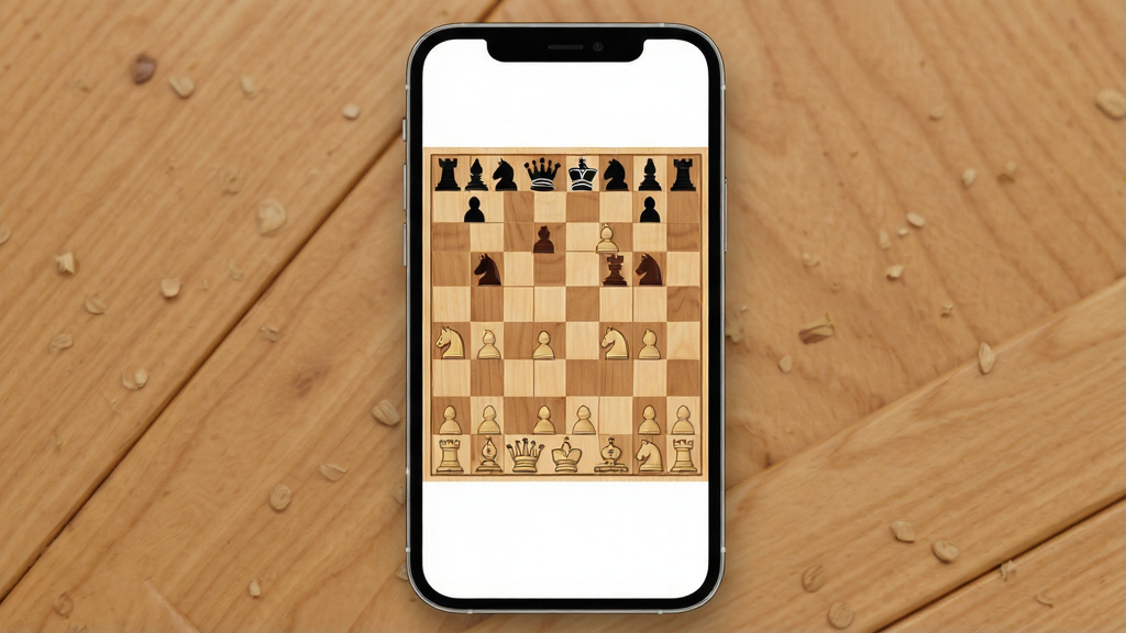 简洁的手机应用界面特写,屏幕中央是象棋棋盘,四周没有广告横幅与弹窗,界面干净清爽,配色以木色和白色为主,扁平化设计风格,画质清晰,无多余元素