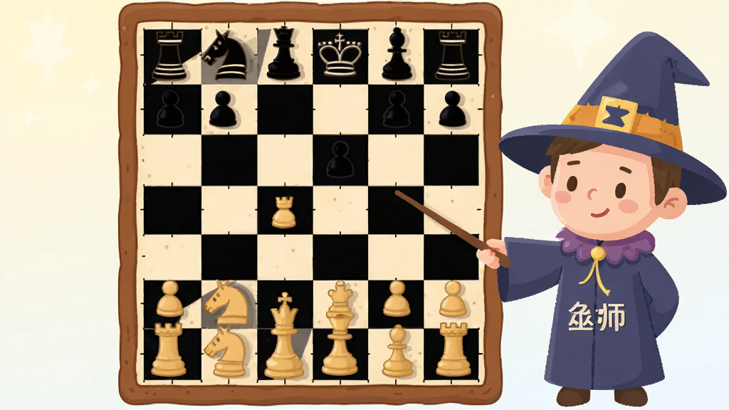 卡通风格的象棋残局练习场景,棋盘上只剩少量棋子构成典型杀局,旁边有一位戴巫师帽的小人手持教鞭指向棋盘,背景为浅色渐变,整体采用扁平插画风格,细节简洁,画质干净,图片中打文字“象棋巫师”