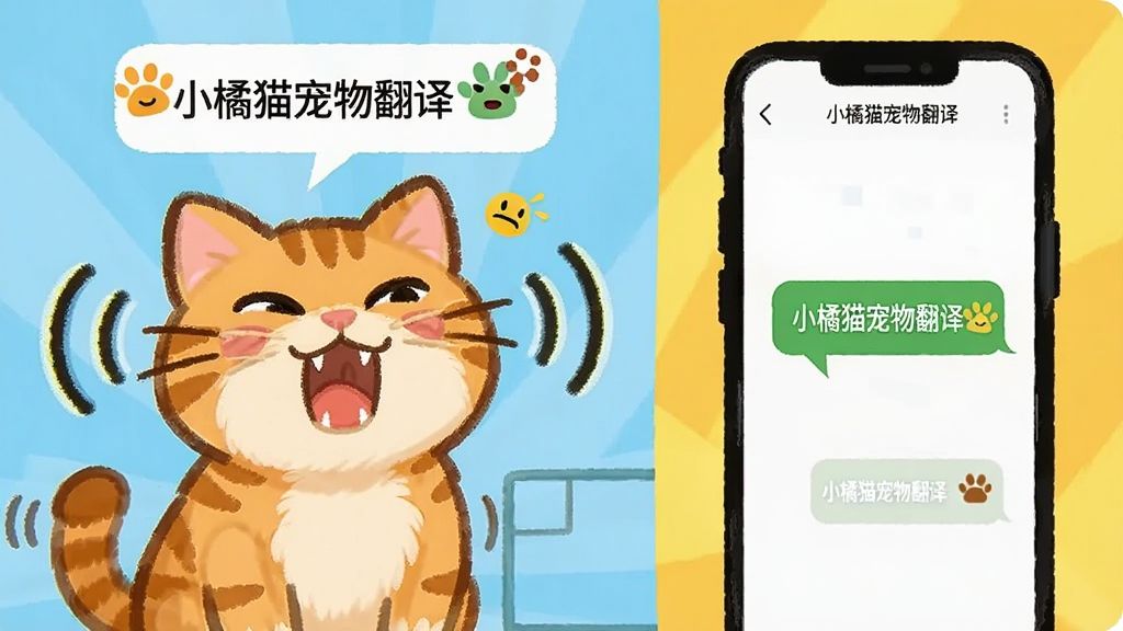 主体为一只正在叫的橘猫与手机屏幕上的翻译文字气泡,布局为左侧猫咪右侧手机,排版横向对比,风格为明亮卡通插画,细节包括声波线条、文字气泡、情绪表情图标,画质清晰干净无多余元素,画面中文字为“小橘猫宠物翻译”