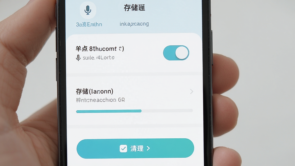 主体为手机屏幕展示小橘猫宠物翻译权限设置与存储清理界面,布局为上下分栏,排版简洁明了,风格为清爽浅色系扁平设计,细节包括麦克风权限开关、存储空间进度条、清理按钮,画质高清干净无多余元素