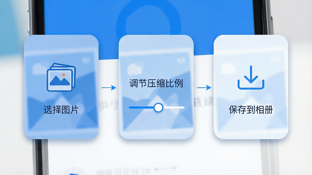 一张手机屏幕特写图,画面显示图片压缩软件的操作步骤示意图,屏幕被分为三个纵向排列的步骤卡片,第一步标注